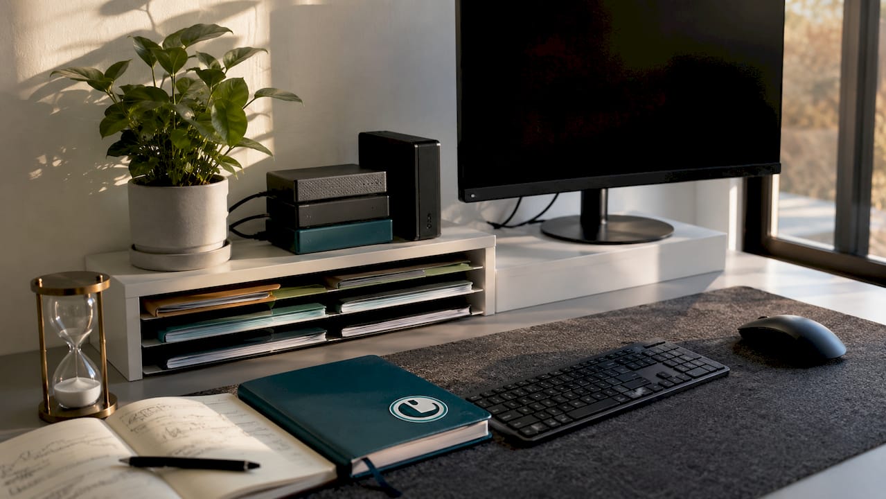 Close-up of organized video project files and equipment