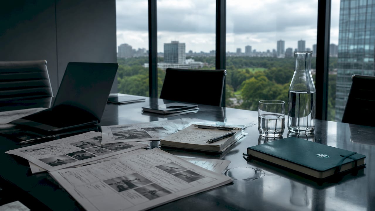Empty conference room with video marketing documents