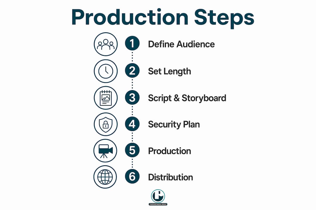 Vertical flow infographic of annual report video production steps