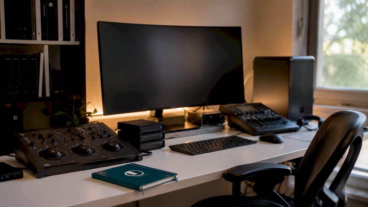 Video editing workstation with equipment and monitor
