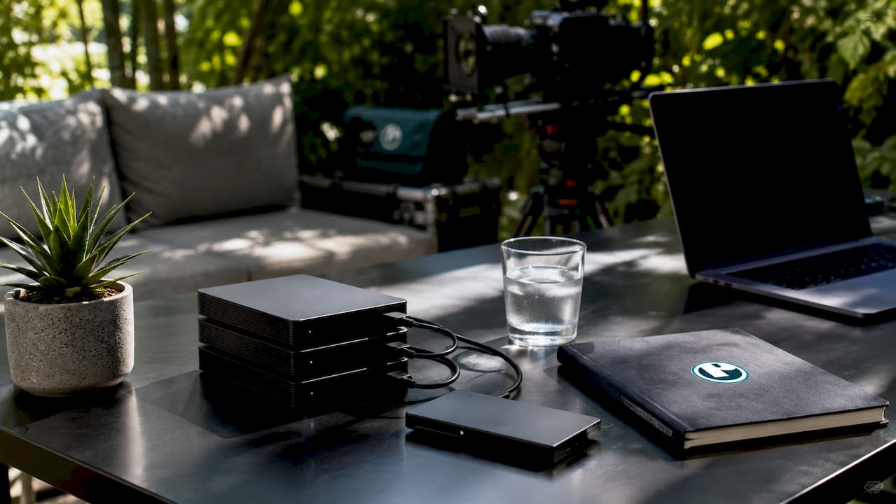 External backup drives and workstation close-up