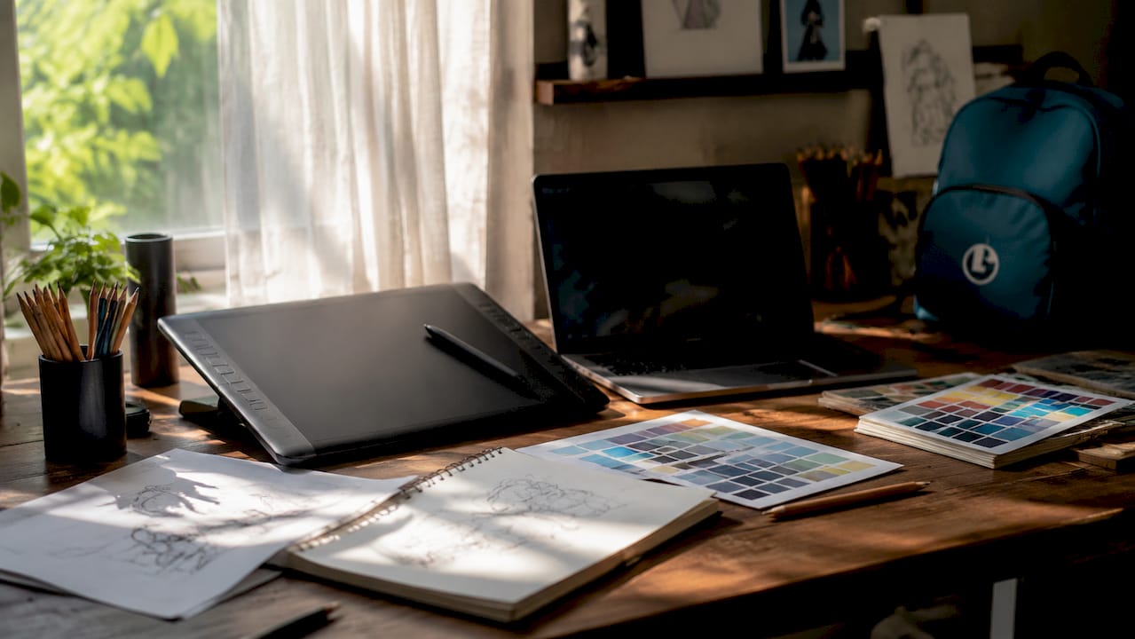 Animation workspace with tablet and drawing tools