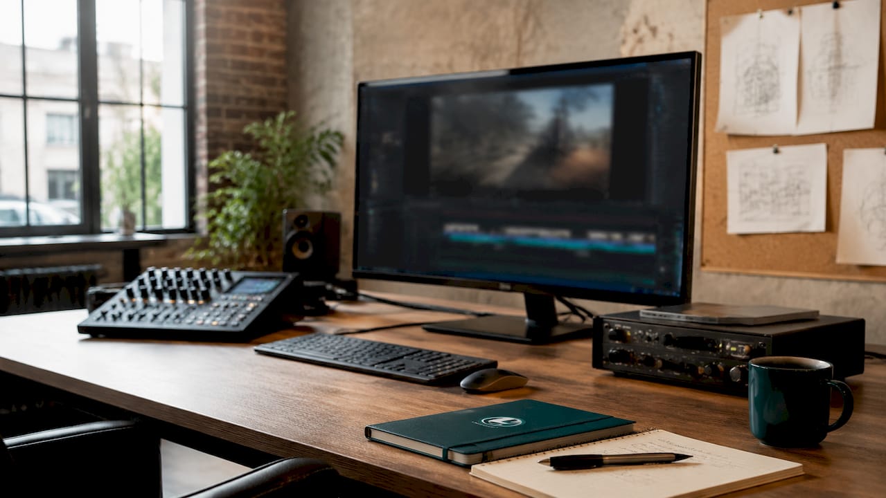 Video editing studio workspace with equipment and sketches