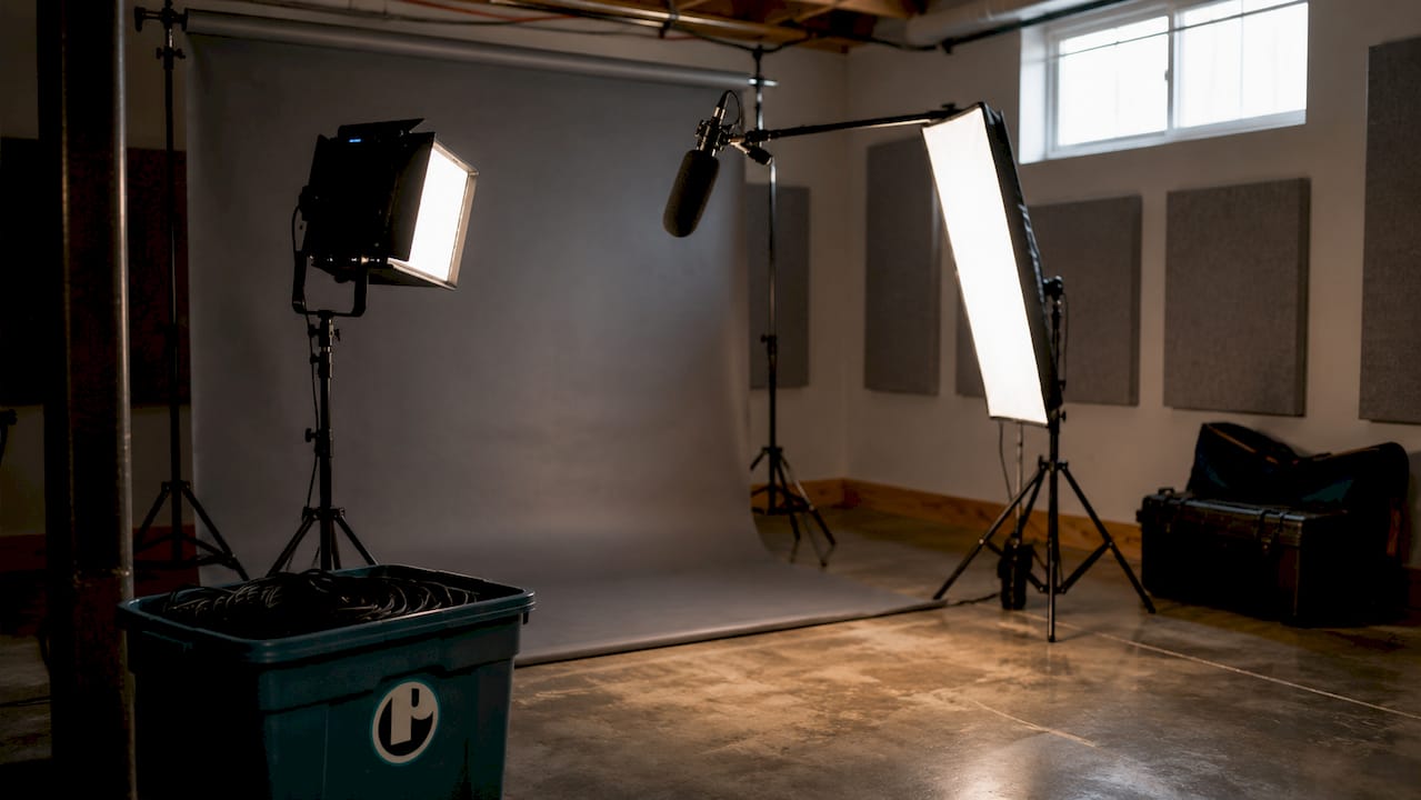 Professional video studio lighting and audio setup