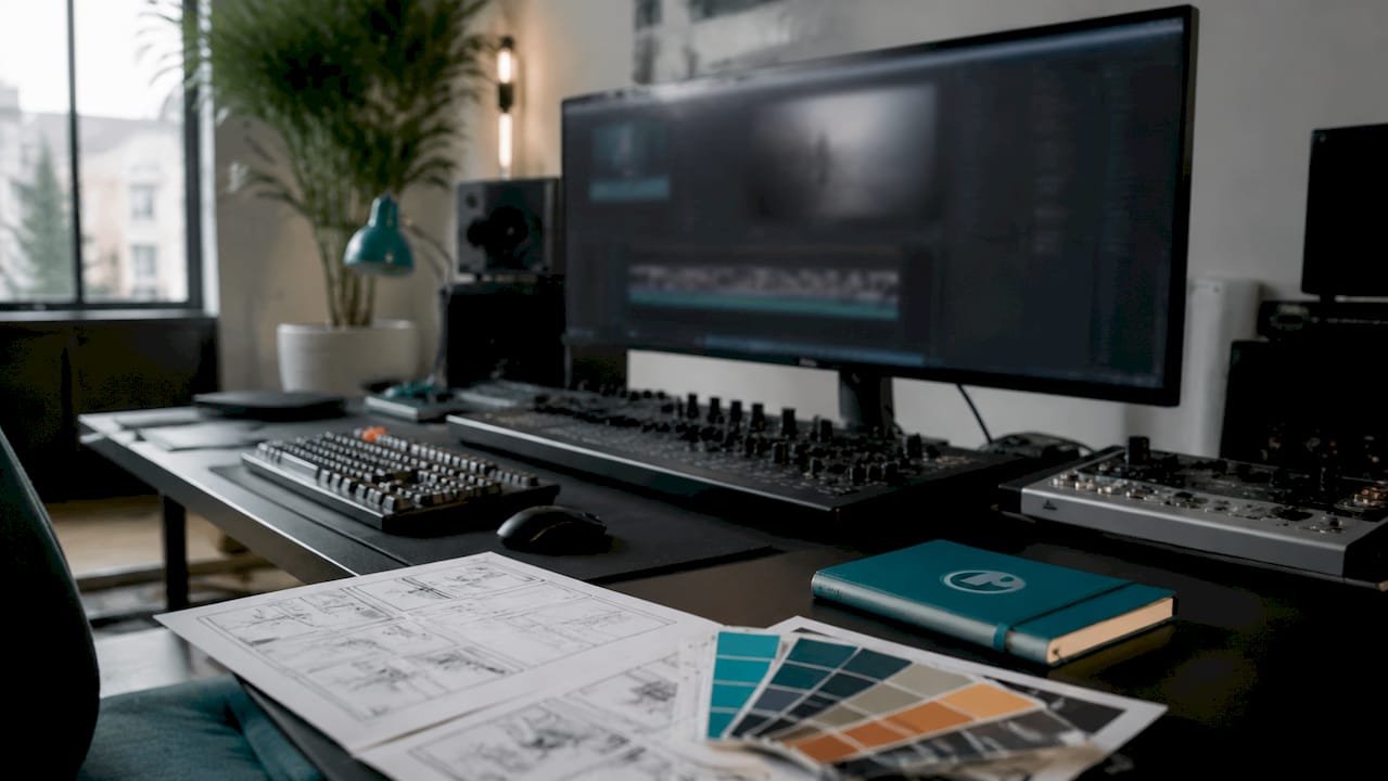 Video editing workstation with equipment and sketches