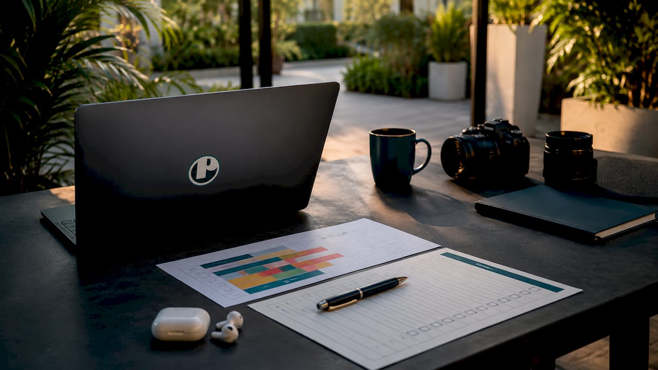 Table with video production status materials