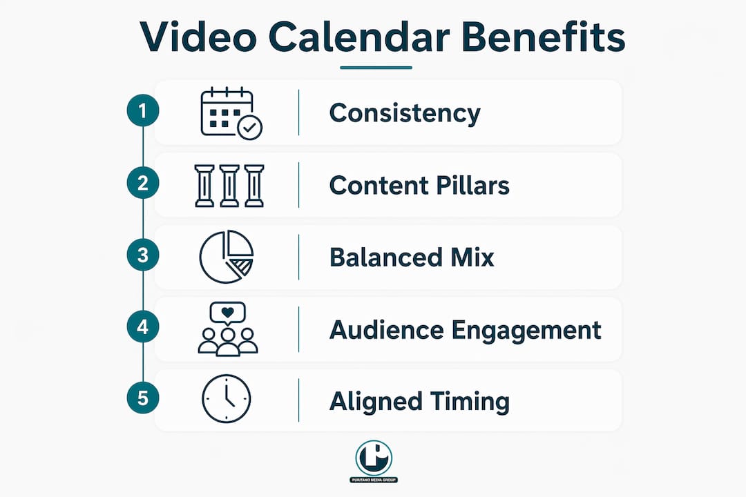 Infographic highlighting video content calendar benefits
