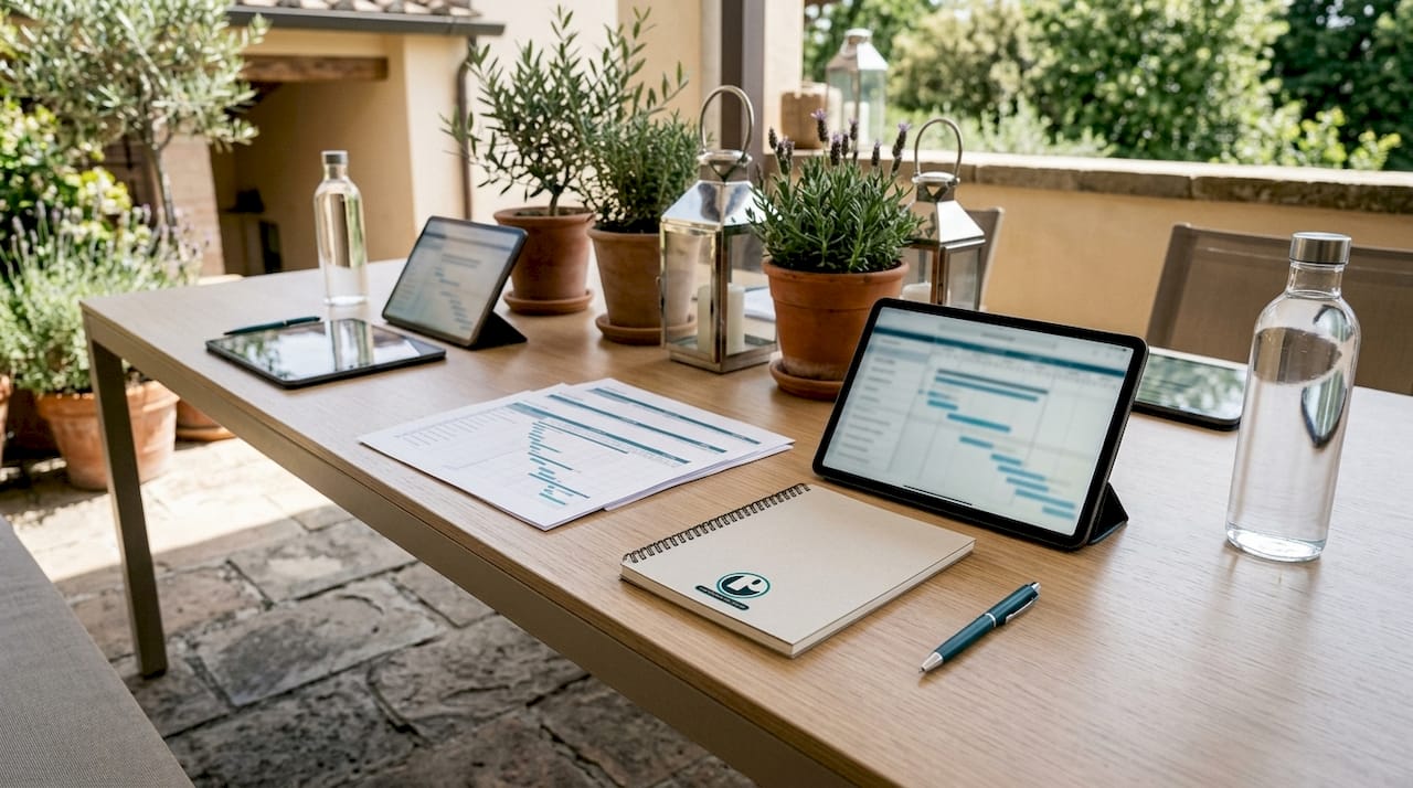 Work table with video production scheduling tools