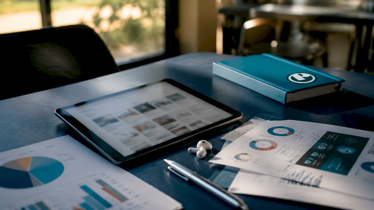 Social media engagement charts and tablet flat lay
