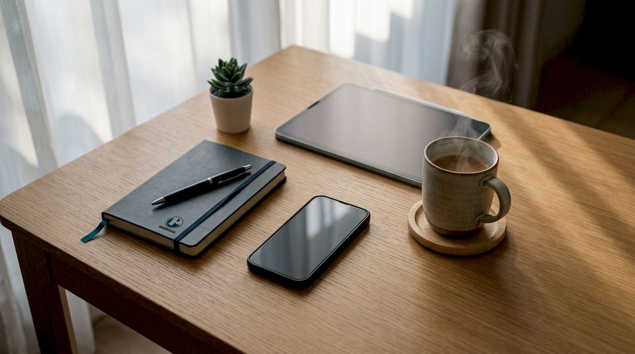 Devices on table representing video sharing stats