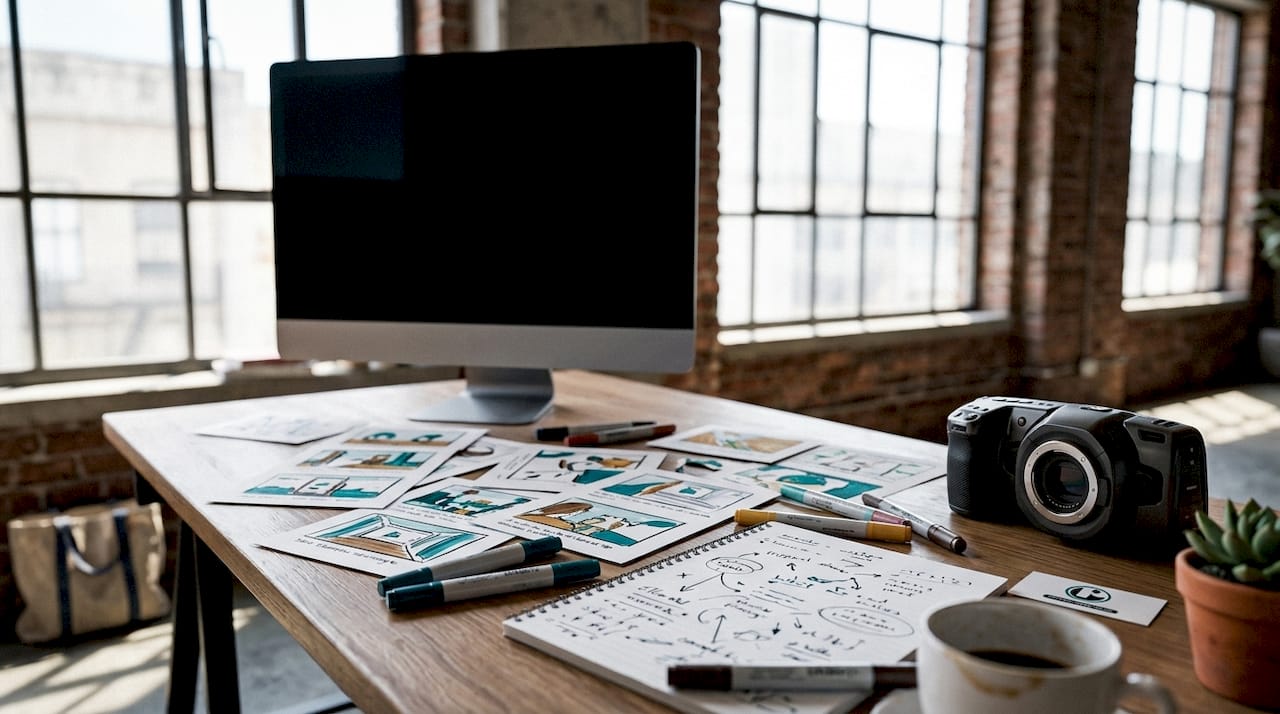 Creative workspace with storyboard and video equipment