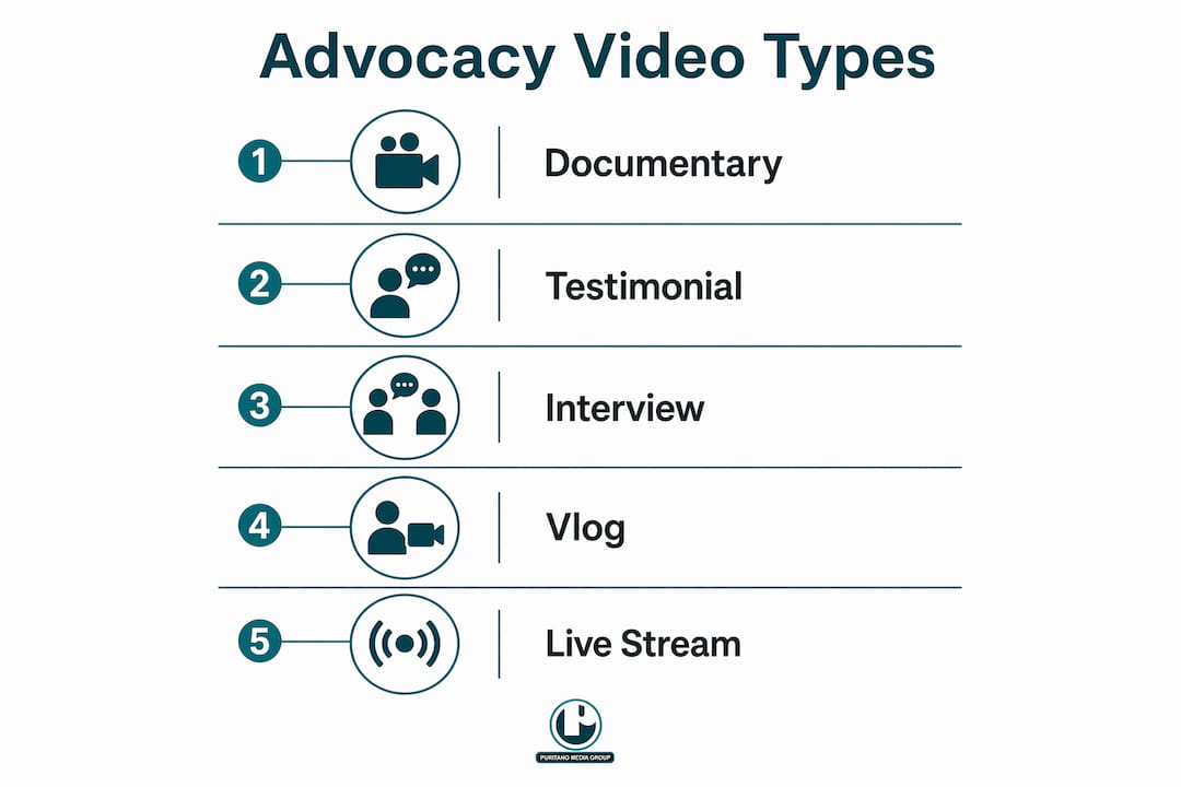 Infographic listing five key types of advocacy videos