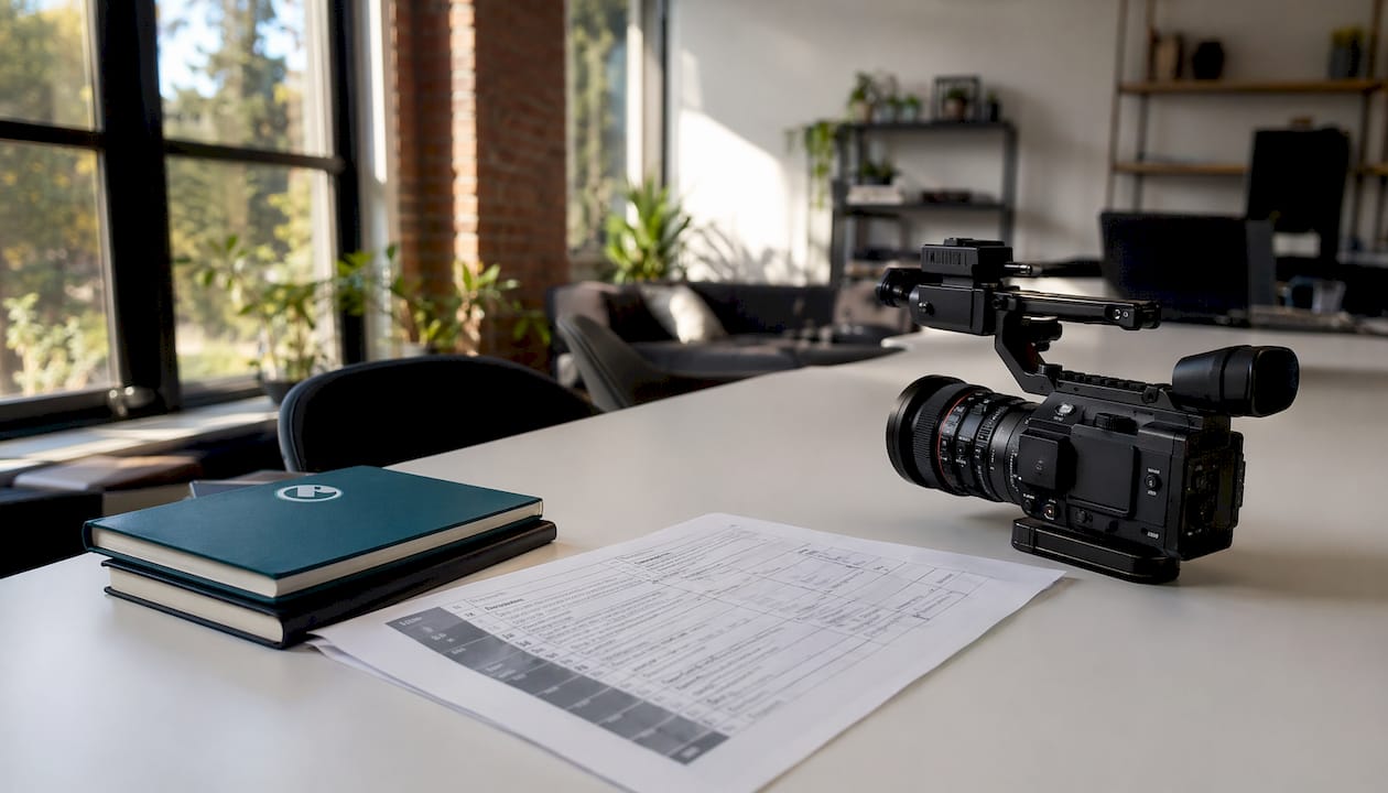 Overhead view of AV script and production tools