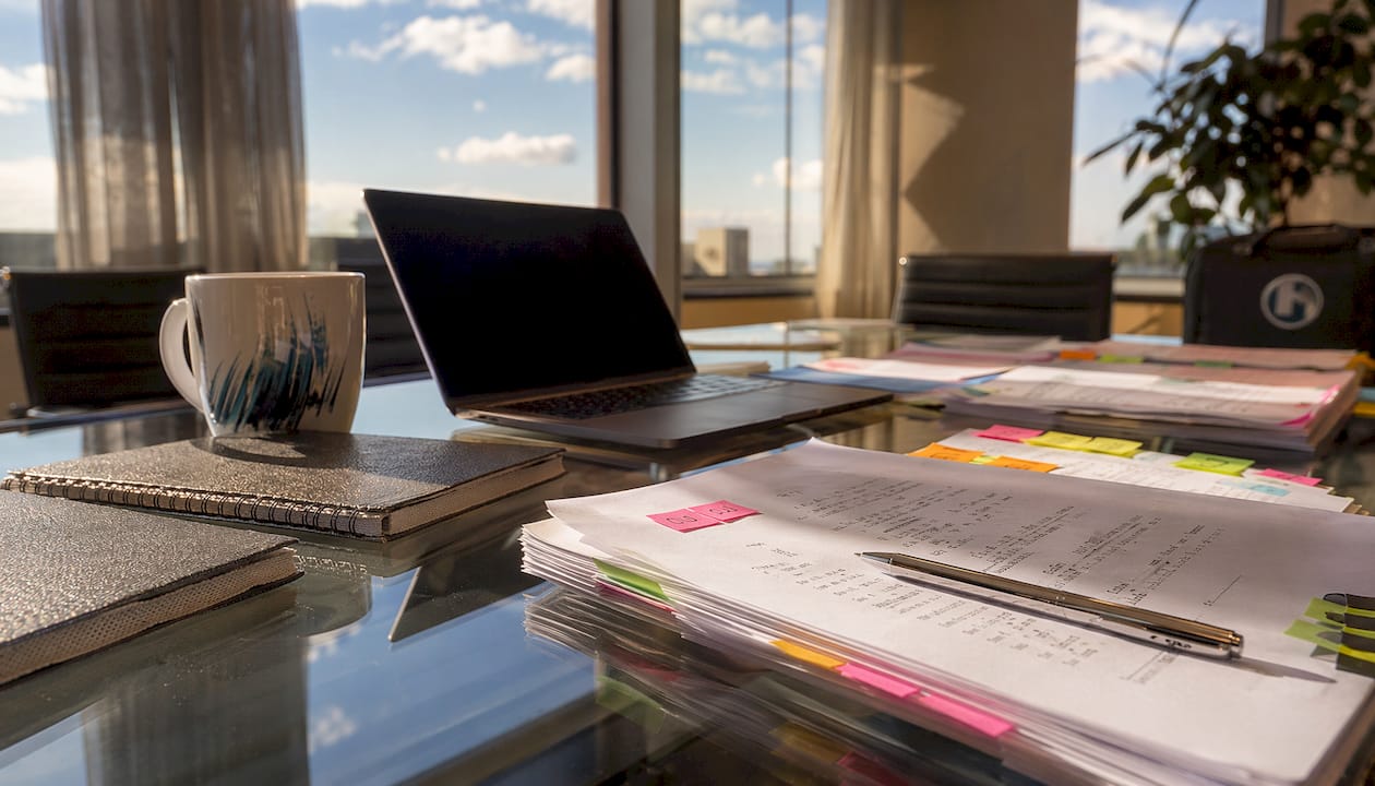 Corporate video scripting materials arranged on table