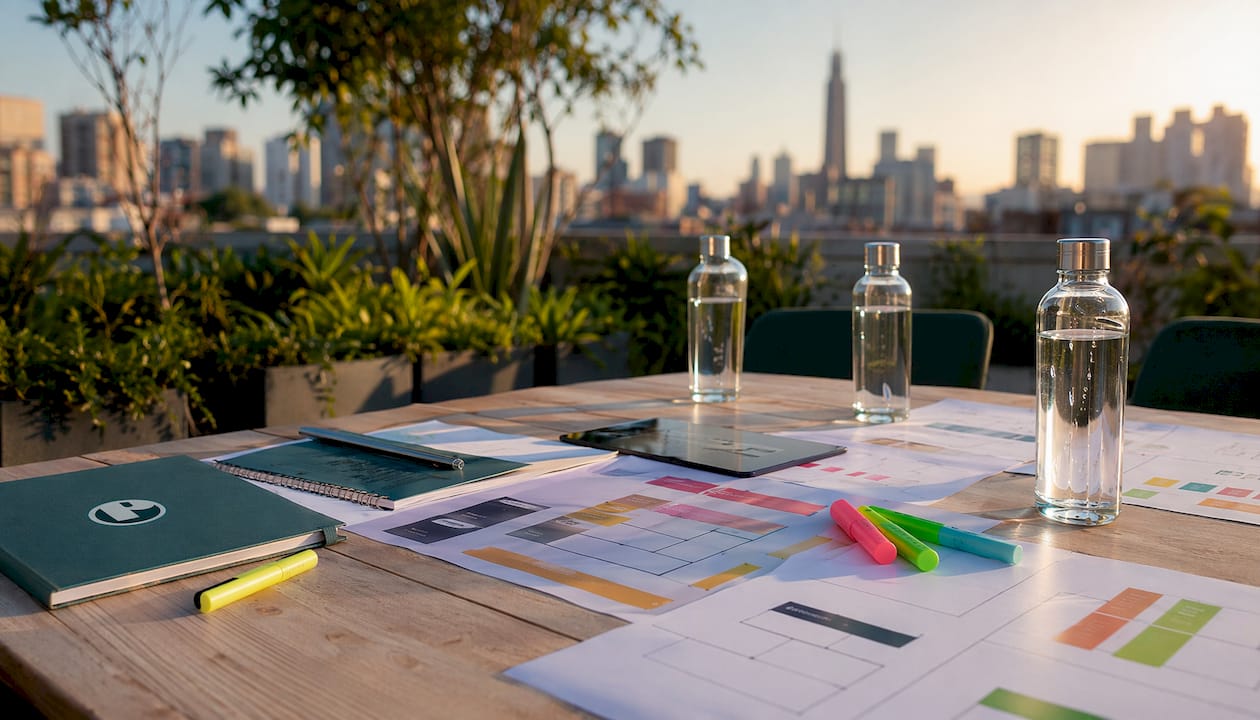 Campaign workflow charts and tablet on conference table
