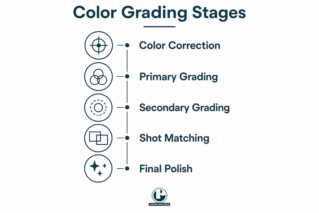Infographic illustrating stages of color grading process