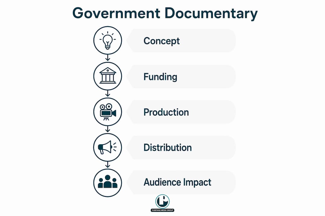 Infographic illustrating government documentary video production stages
