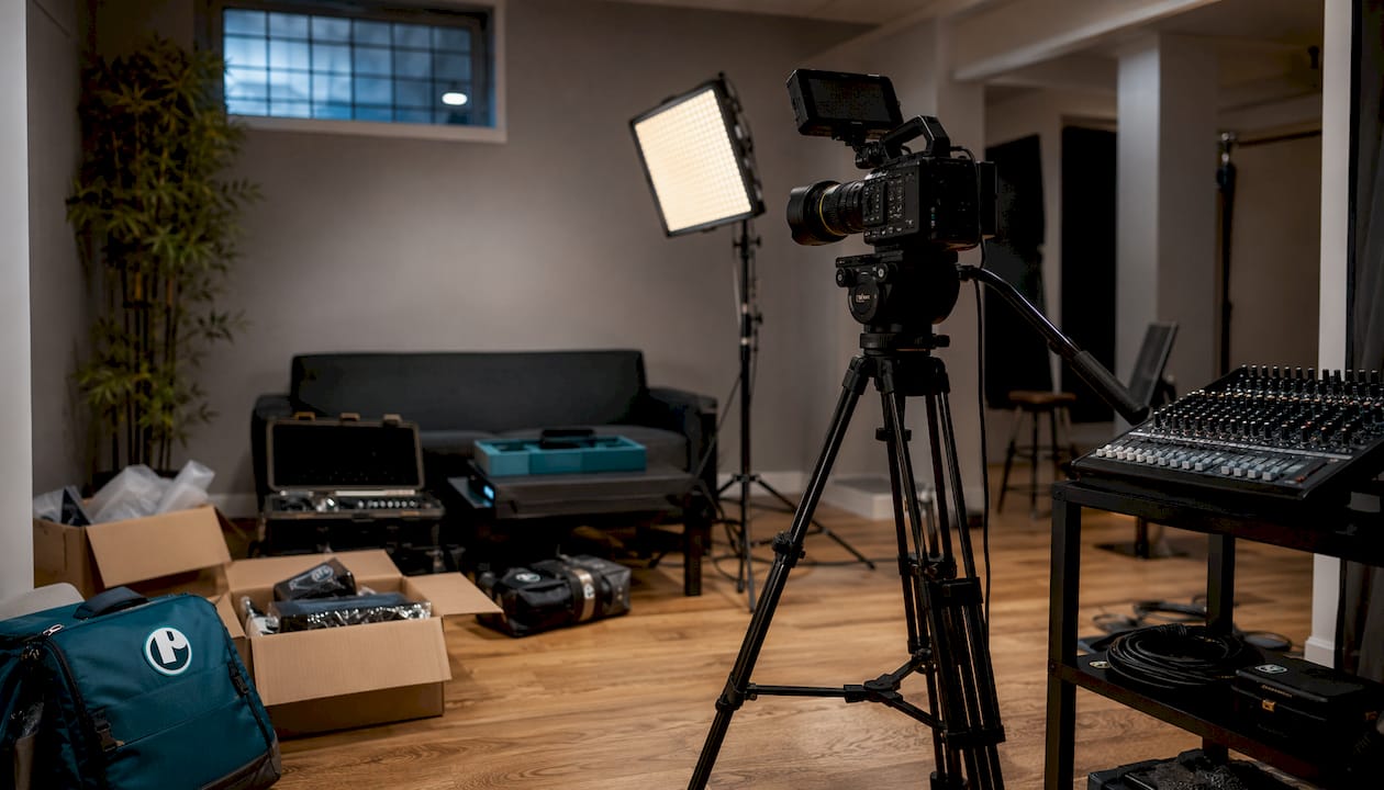 Video ad production equipment in bright studio