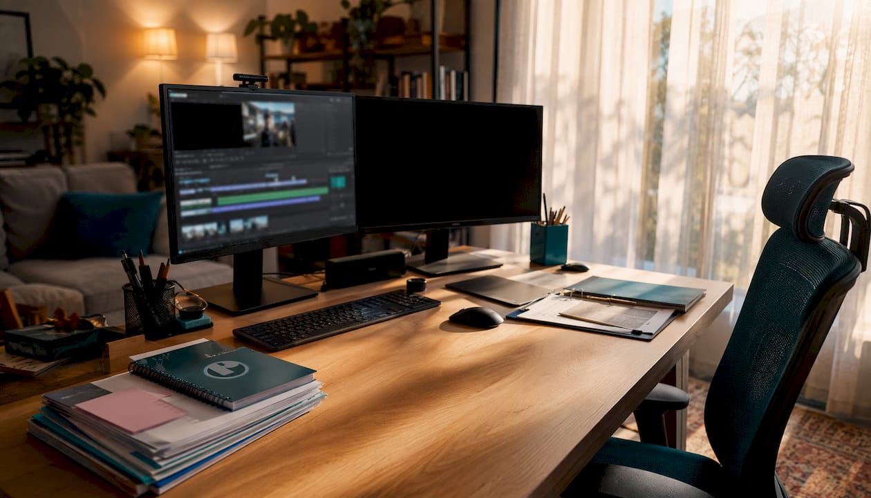Video editing workstation with dual monitors