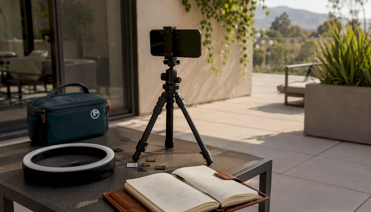 Smartphone on tripod recording social video clips