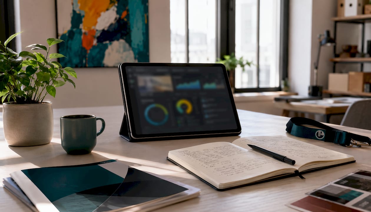 Tablet showing event video analytics dashboard on table