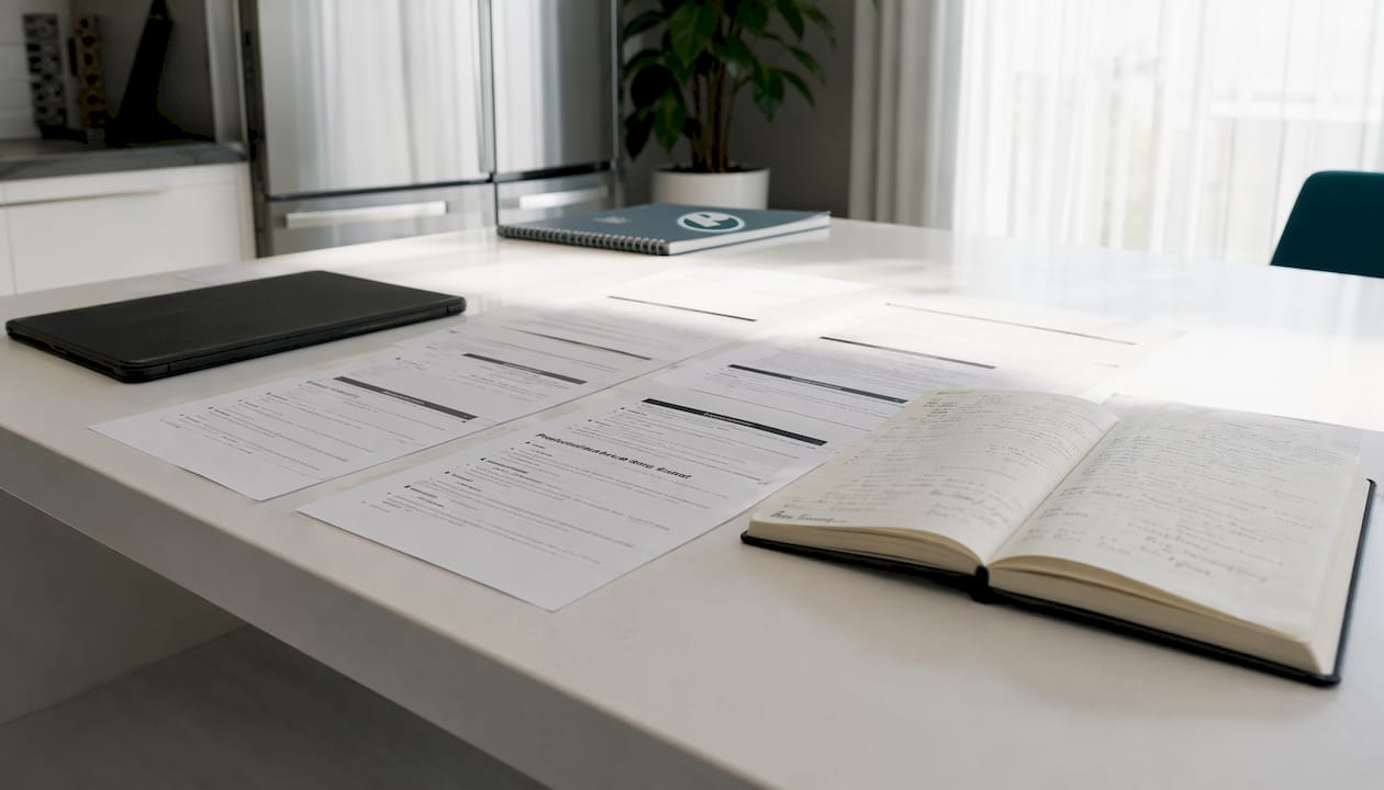 Documents and tablet showing brief sections
