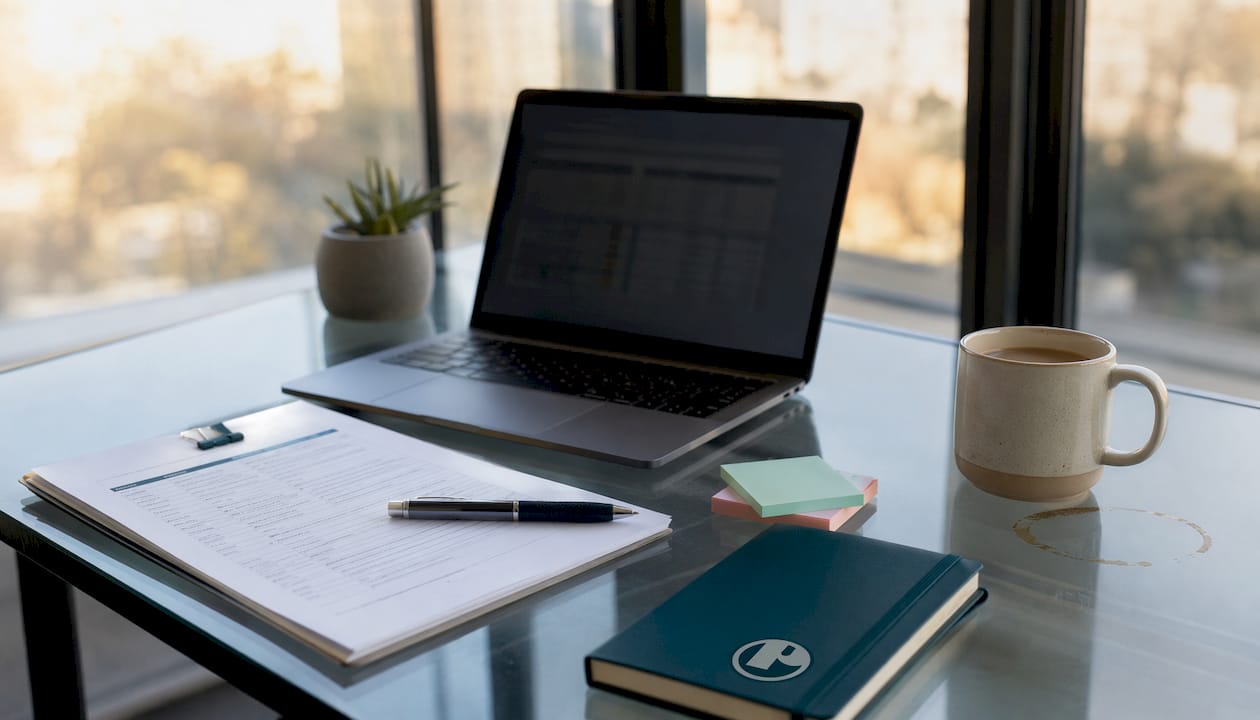 Workspace with video production brief and laptop