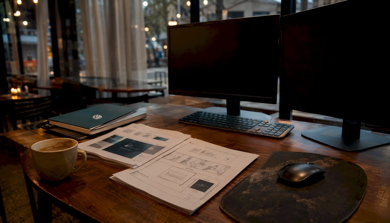 Workspace showing OTT ad format materials and dual monitors