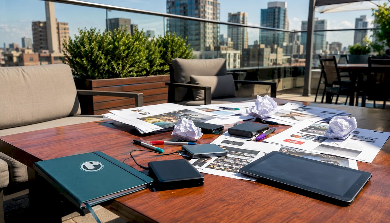 Overhead view of OTT campaign planning tools on table