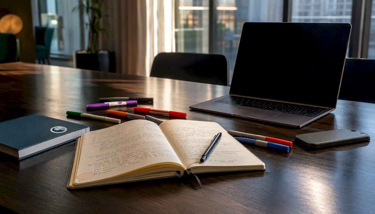 Marketing strategy workspace top-down view