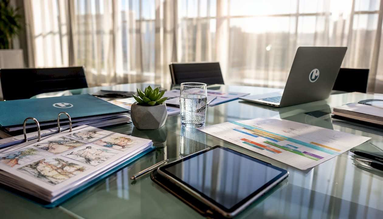Creative agency workspace with project materials