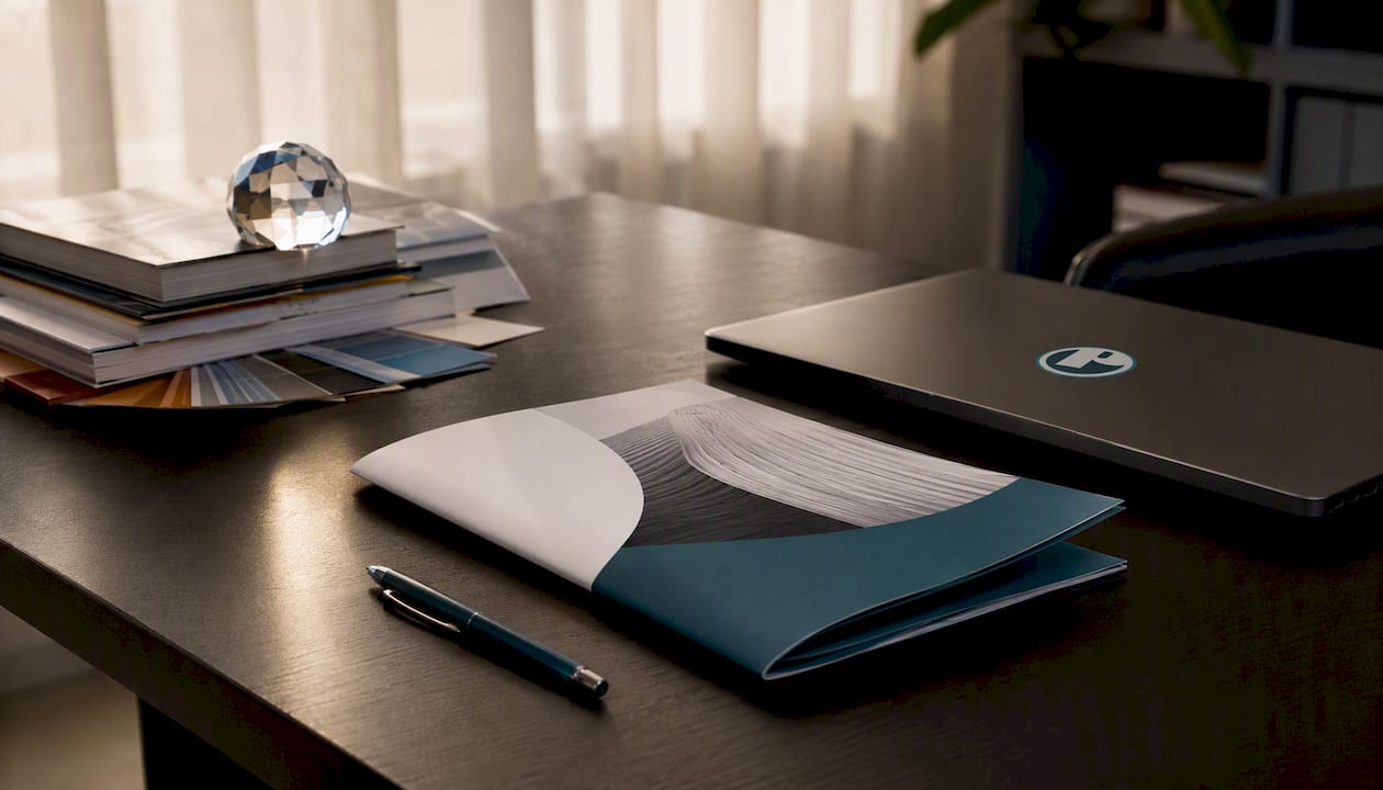 Marketing brief and documents on office desk