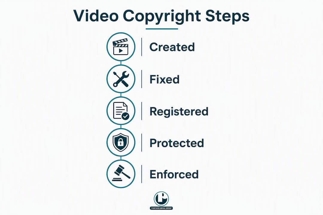 Infographic showing five key steps in video copyright protection