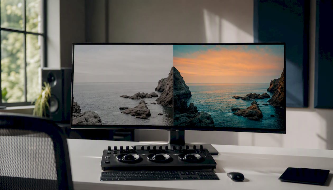 Split screen showing video before and after grading