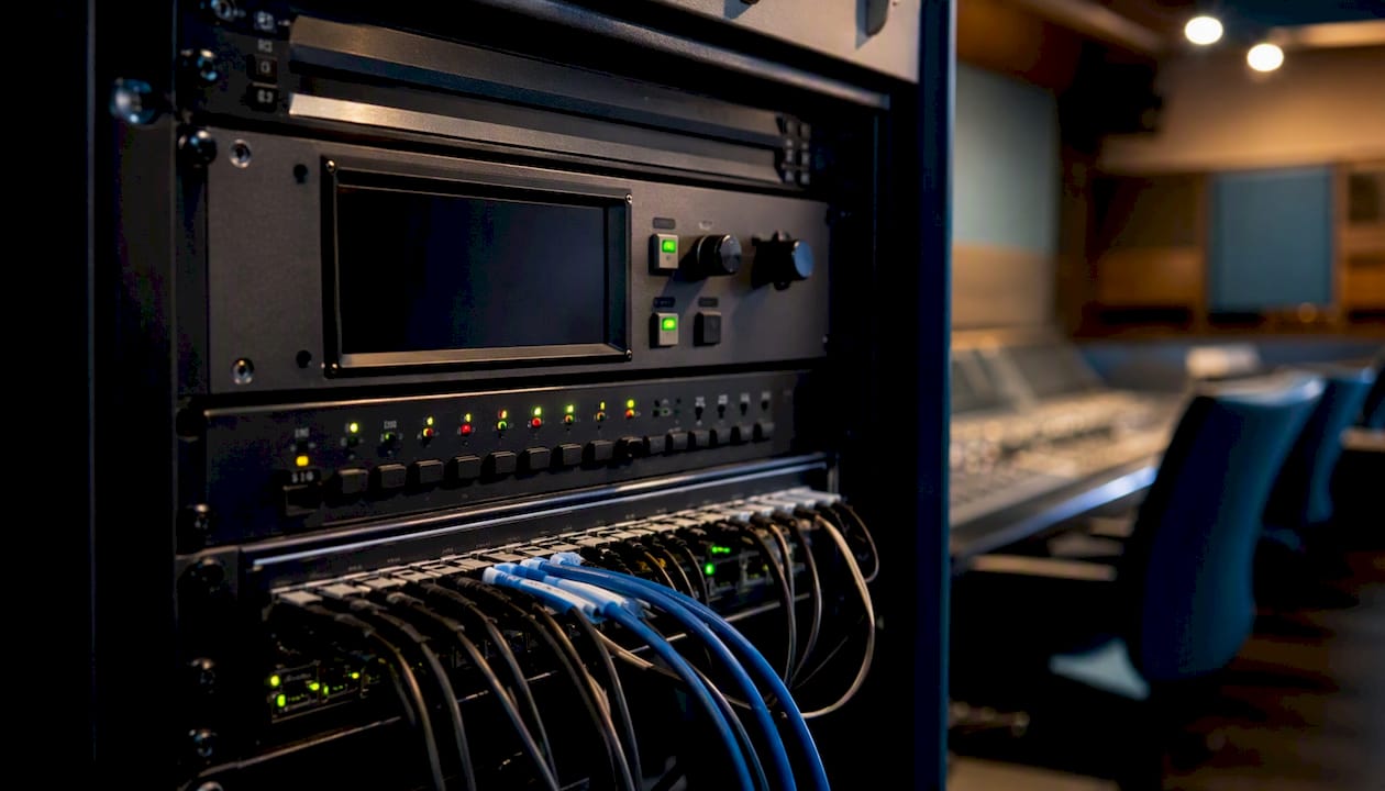Close-up of live captioning broadcast equipment