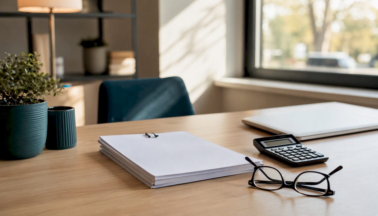 Workspace with contract papers and calculator