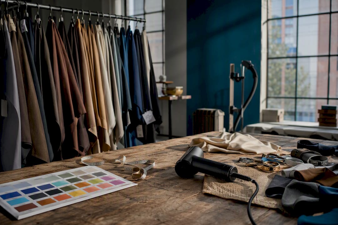 Wardrobe styling area with fabrics and tools