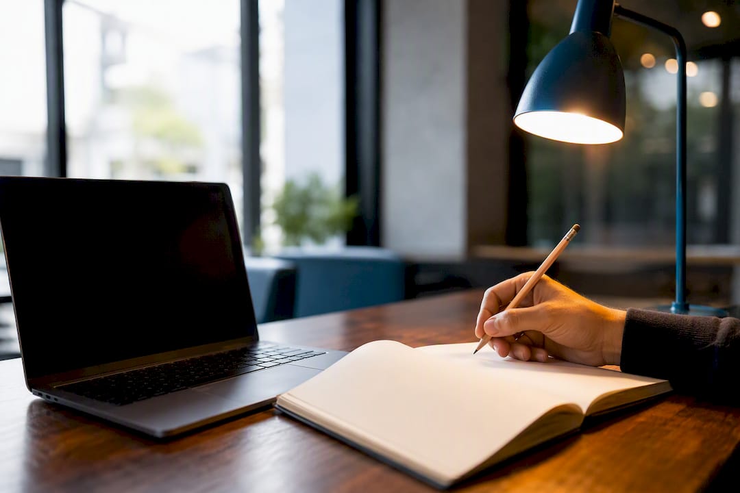Workspace with blank laptop and hand holding pencil over notebook