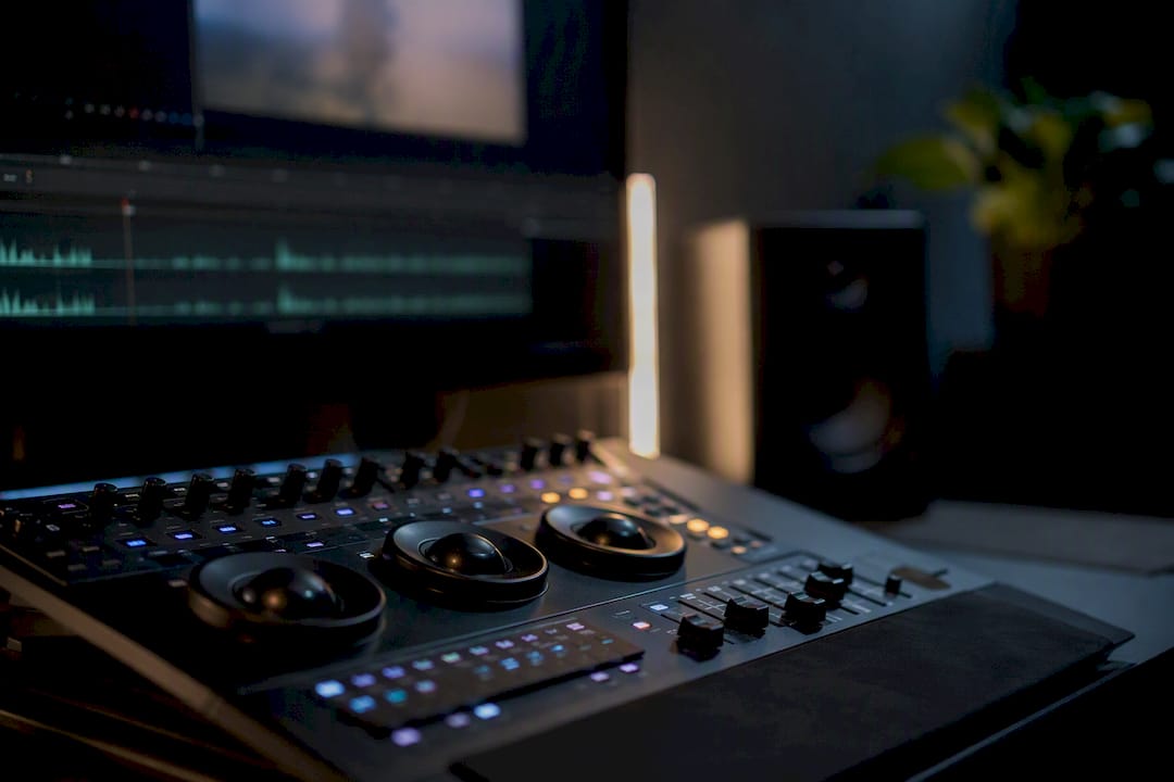 Video editing console with blurred timeline and controls