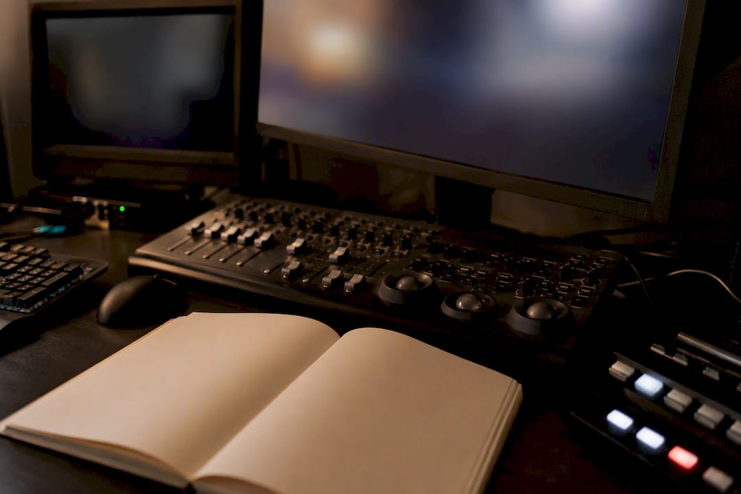 Close-up of video editing console and captioning device