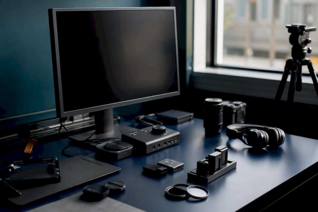 Video editing workspace with camera gear