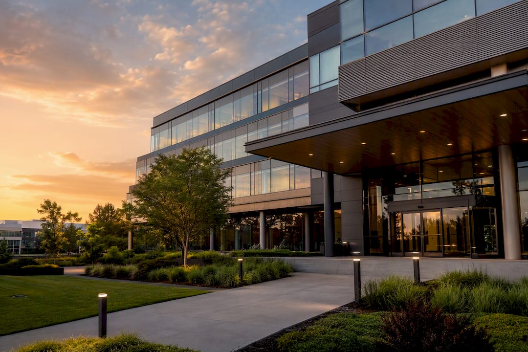 Modern office building exterior establishing shot