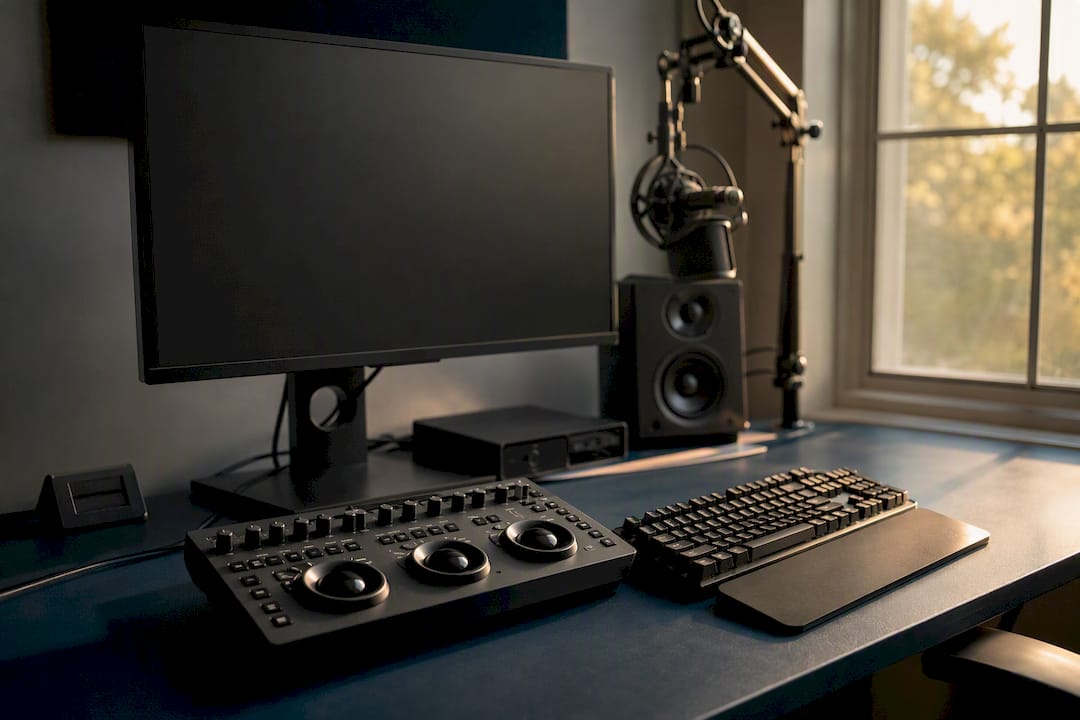 Vertical video editing desk close-up