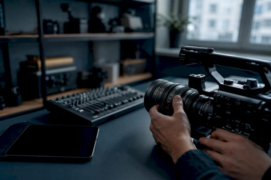 Hands adjusting video camera controls on desk