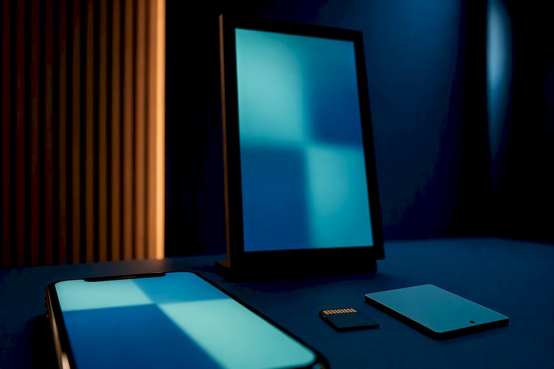 Vertical video export station in teal lighting