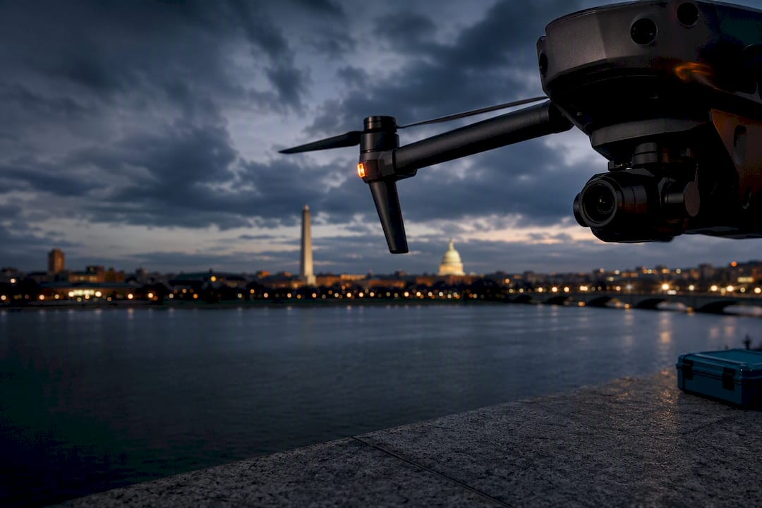 Cropped drone above Washington DC skyline