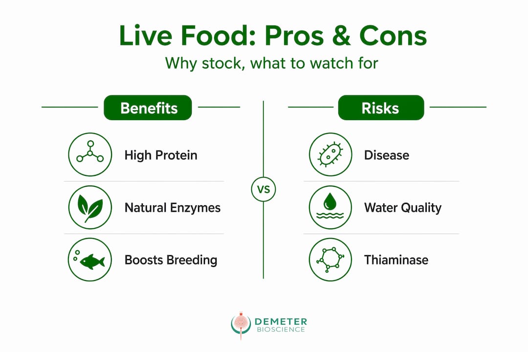 Infographic comparing live fish food pros and cons