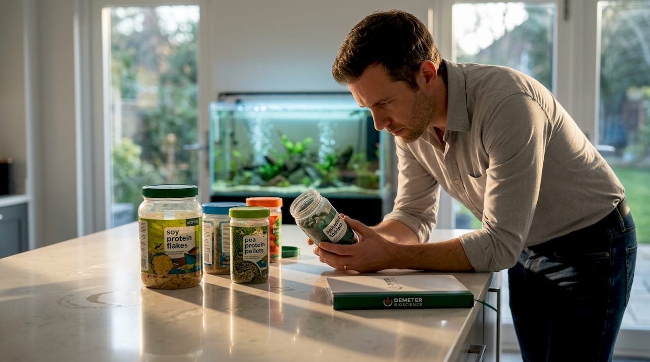 Hobbyist sorting plant-based fish foods