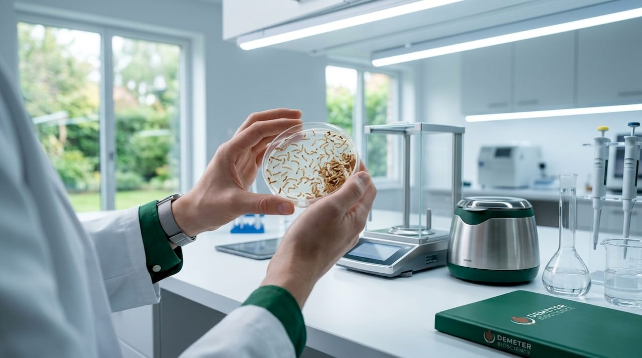 Scientist holding insect larvae sample in fish food lab