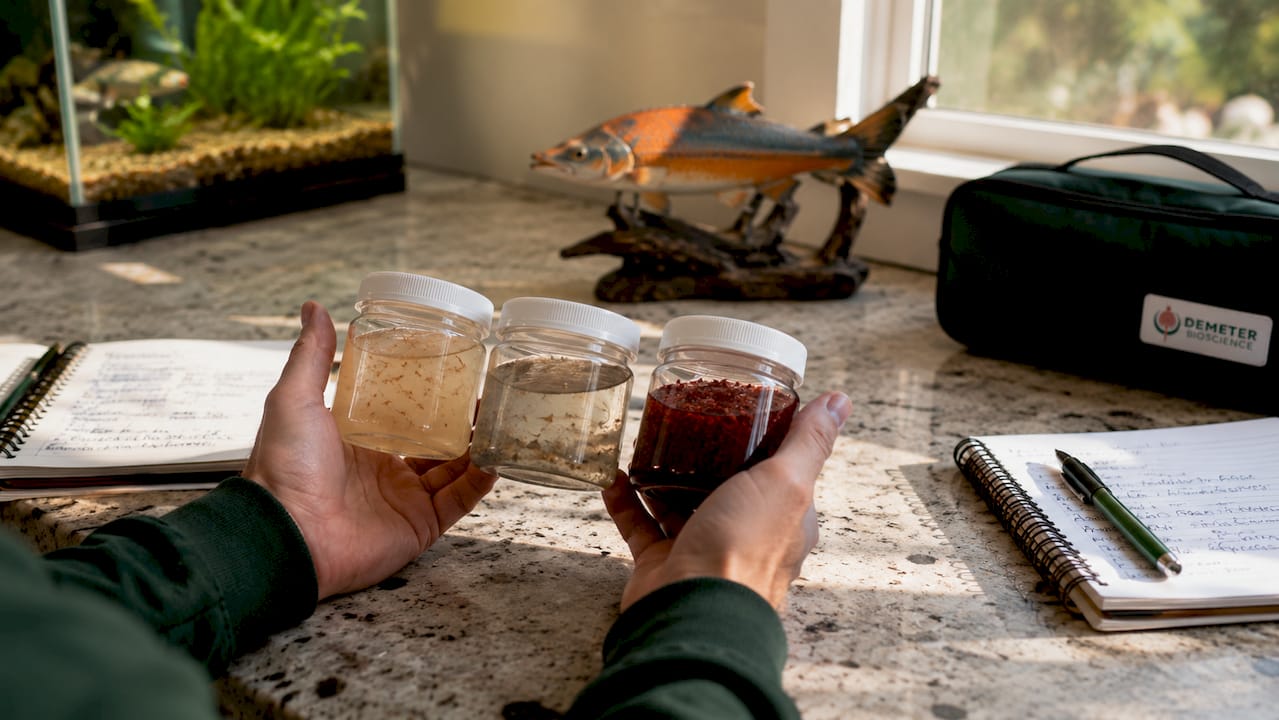 Hands holding containers of different live fish foods